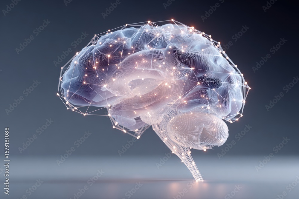 Poster a digital artwork shows a translucent brain with glowing neural pathways on a dark background, symbo