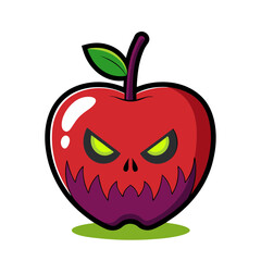 Spooky red apple with glowing eyes and jagged mouth