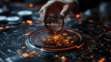 Close-up of a hand holding a magnifying glass over a glowing, circular interface, displaying a financial chart. Dark, futuristic setting with intricate circuitry