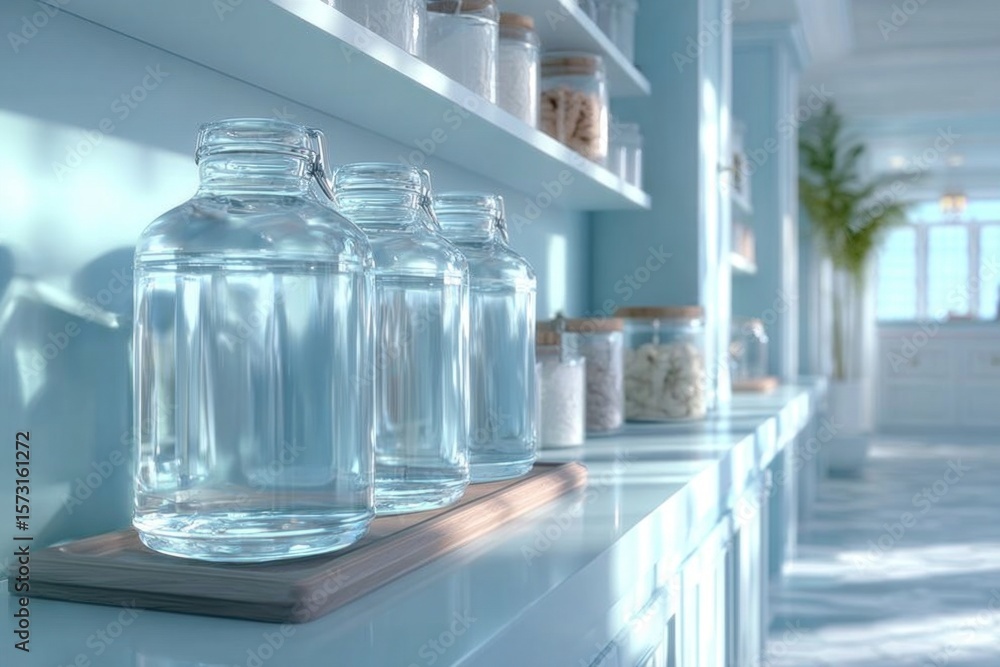 Poster bright, modern break room with neat glass containers, creating a refreshing and inviting space for e