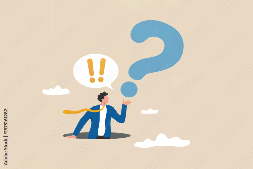 Poster confused businessman in a hole looking at a giant question mark and exclamation marks in a speech bu