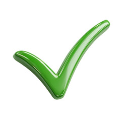 Green 3D check mark icon on white background symbolizing success, approval, and correct choice