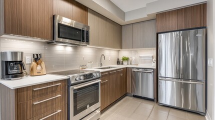 Fototapeta premium Modern kitchen with stainless steel appliances and wood cabinets