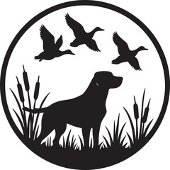 Silhouette of a Hunting Dog with Flying Ducks and Cattails Inside a Circular Frame Design