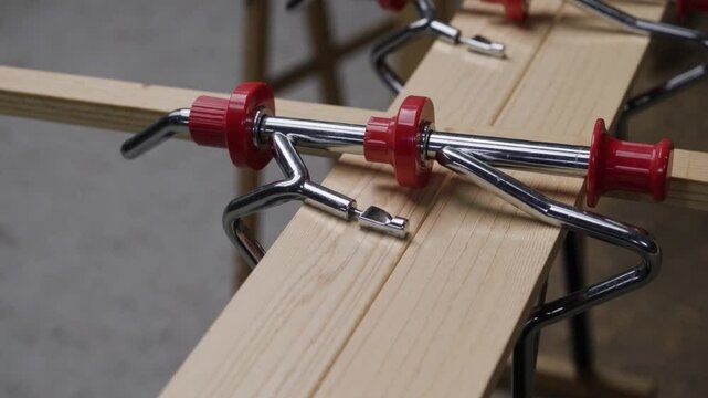 Red clamp tools securing wooden boards on workbench for woodworking, construction, and DIY projects in workshop