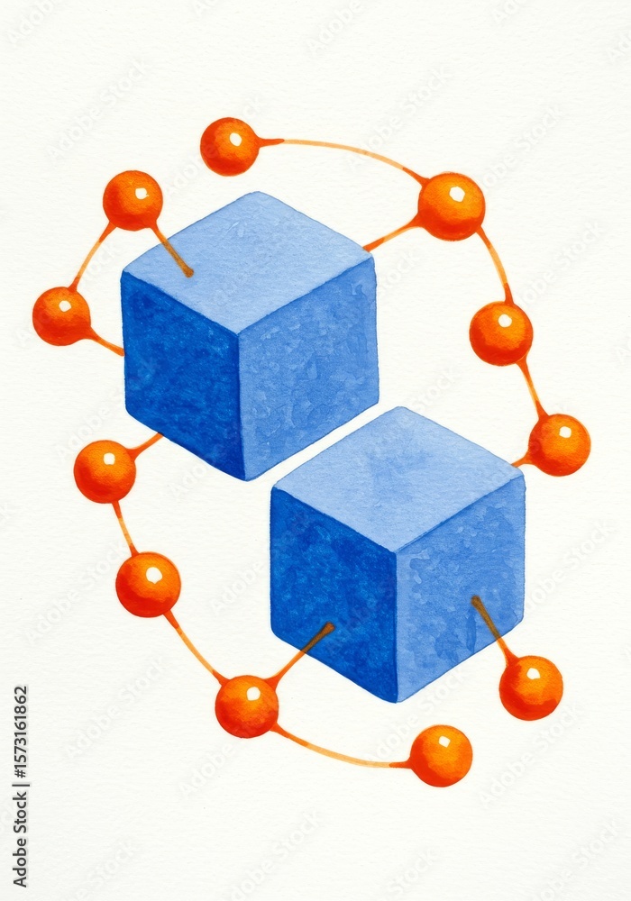 Aufkleber connected cubes abstract - two blue cubes linked by a chain of orange spheres, suggesting connection