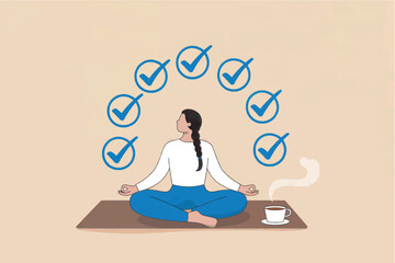 Woman meditating with crossed legs and hands in mudra pose surrounded by blue checkmarks in circles symbolizing task completion and success isolated on transparent background