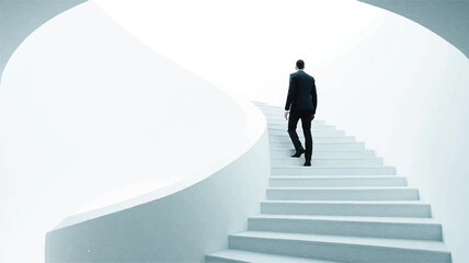 Attractive young European businessman walking on concrete stairs with mock up place success finance and career growth concept Art & Illustration.