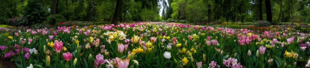 Fototapeta premium Vibrant flower field in nature hdr 360 degrees hdri viewpoint