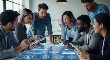 Diverse Team Collaborating on Futuristic Data Interface