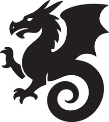 Black Dragon Silhouette with Curled Tail and Raised Claw on a White Background bold black