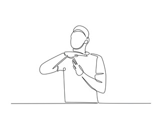 Man showing time-out hand gesture in single outline illustration. Continuous line art drawing of break time hand sign.