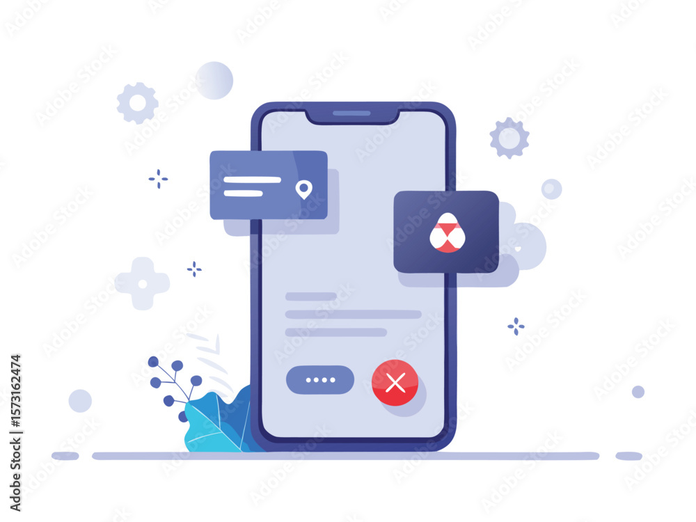 Poster flat design illustration of a smartphone displaying notifications and a red cross symbol isolated on