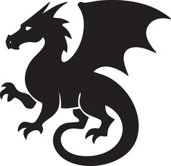 Black Dragon Silhouette A Majestic Creature with Wings and a Curled Tail Against White simple