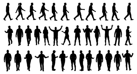 Silhouettes of Men and Women Walking, Standing, and Gesturing in Casual Urban Poses for Crowd Design