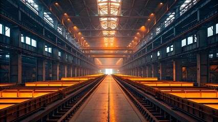 Vast industrial hall with glowing metal factory steel