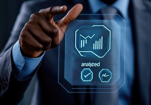 Businessman's hand interacting with a holographic data analysis interface - Powered by Adobe