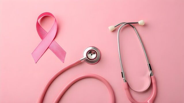 Pink ribbon and stethoscope on a pink background, symbolizing breast cancer awareness.