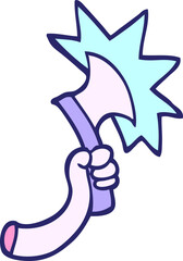 hand drawn doodle style cartoon arm with axe in bright neon color