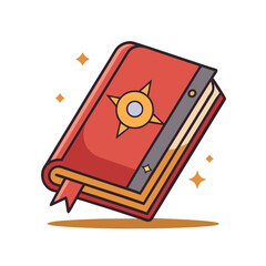Enchanted red book with celestial symbol and sparkling magic