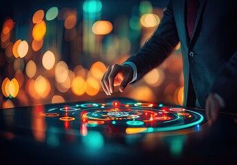Businessman interacts with a glowing interactive table in a city night scene