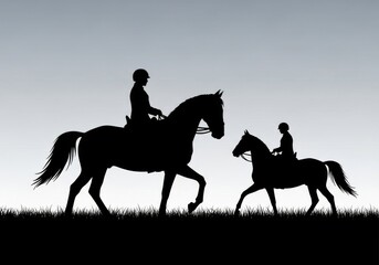 Equestrian Silhouette in Meadow - Two riders on horseback silhouetted against a muted sky, showcasing a tranquil equestrian scene