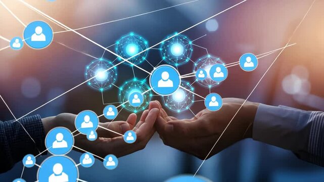 Hands holding glowing social network. Connection and communication, technology and data concept.