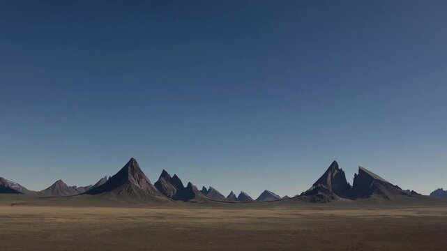Up titl on dramatic mountain range under a vast sky, featuring sharp peaks against a plain landscape. A natural landscape of grand scale and beauty.