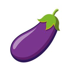 Vibrant purple eggplant with green stem and leaves isolated on white
