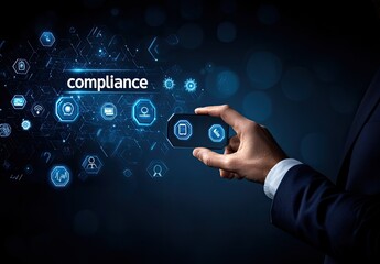 Hand holding a virtual card with compliance text overlaid by digital icons