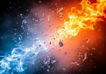 Fire and Ice Collision - Dramatic clash of fire and ice, with debris flying amidst intense flames and frost. Perfect for concepts of conflict, duality, or extremes