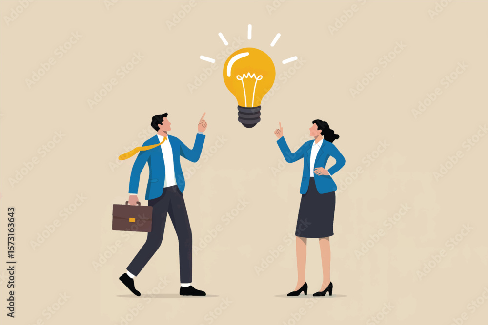 Poster two business professionals pointing at a glowing light bulb symbolizing a shared idea or innovation 