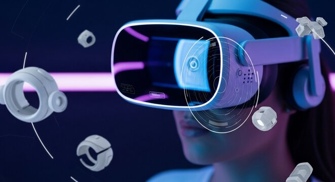 Person wearing a white VR headset surrounded by floating digital elements against a dark, neon-lit background.