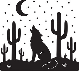 Silhouette of a Howling Wolf Under a Crescent Moon in a Desert Landscape with Cacti © Alamin