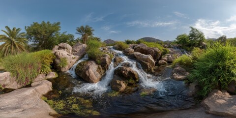 Beautiful waterfall scene nature reserve hdr 360 degrees hdri view