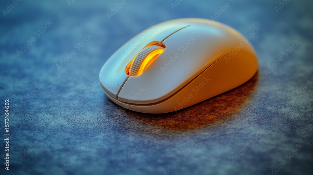Poster close-up of a white computer mouse with a glowing scroll wheel