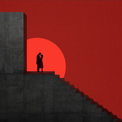 Silhouette of couple, concrete staircase, red background. Connection, romance, love, separation illustration. Geometric composition, minimalistic graphic design. Urban art, visual storytelling, 3D