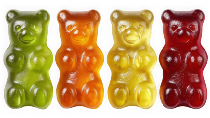 Four colorful gummy bears stand in a row, showcasing their vibrant hues and translucent textures against a stark white backdrop isolated on transparent background