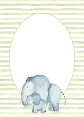 Watercolor card template with Elephant family on a green stripes background. Circular frame with horizontal Lines or Brush Strokes in simple style. For kid baby shower invitations, nursery posters
