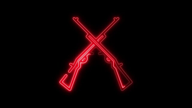 a glowing neon machine gun icon animation video on black background. Futuristic shotgun icon flickering in neon light. Radiant neon shotgun outline glowing dynamically. Vibrant, animated shotgun symbo