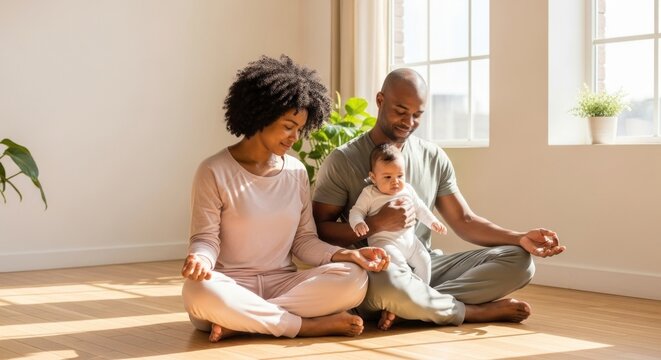 A family meditating together in a bright room with a baby being held by the father on a wooden floor