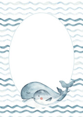 Watercolor oval frame with cute blue Whale family swimming on sea, ocean waves. Circular marine card template in retro style. Hand drawn illustration. Perfect for cards, posters and party invitations.