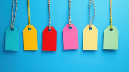 Colorful Hang Tags Displaying Various Designs on a Vibrant Blue Background Perfect for Product Labeling and Promotional Events