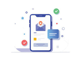 Modern smartphone displaying an email with a heart icon and a chat bubble isolated on white background
