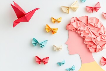Pink paper woman profile, origami birds & butterflies