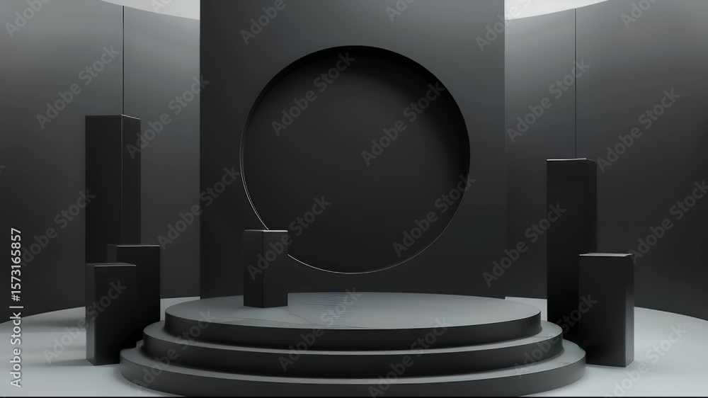 Poster modern black display podium with geometric shapes in minimalist studio setting