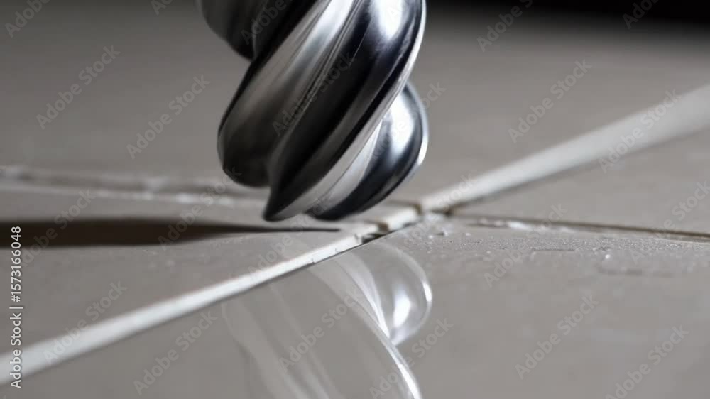 Aufkleber close-up of a metallic drill bit cutting through a light-colored surface in a workshop setting