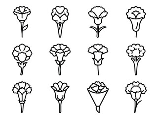 Bundle of Carnation Flower Icons in Silhouette Style on White Background – Minimalist Black Line Floral Vector Collection for Botanical Art, Logos, and Digital Design