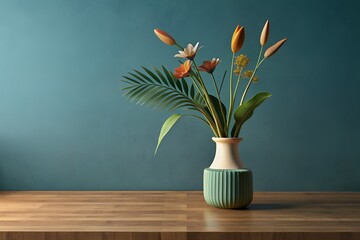 A minimalist arrangement of stylized orange and white flowers with lush green palm leaves in a ribbed ceramic vase on a wooden surface against a teal wall