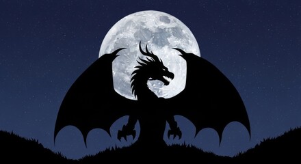 Fototapeta premium Majestic Dragon Silhouette Under the Moon - A powerful dragon silhouette stands majestically before a full moon, symbolizing strength, mystery, magic, power, and nocturnal beauty